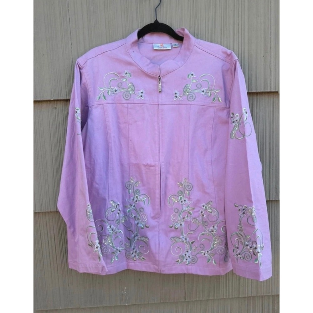 Quacker Factory Lavender Purple Floral Embroidered Sequin Zip Jacket Womens 1X